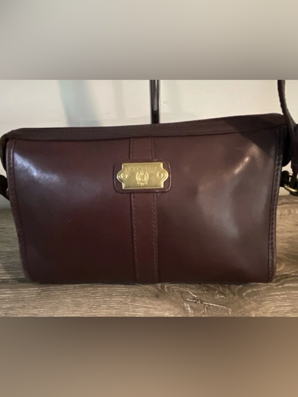 Liz Claiborne Genuine Leather Burgundy Wine Shoulder Crossbody Bag Brass Accents